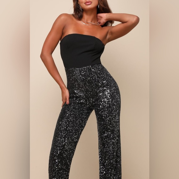 Lulus Black Sequin Strapless Straight Leg Jumpsuit sz S new no tag - Picture 2 of 9